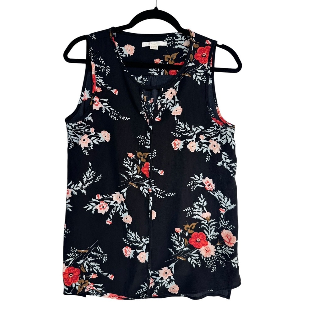 C&E‎ Black Floral Print Sleeveless Crepe Keyhole Tank Top Blouse Size Small